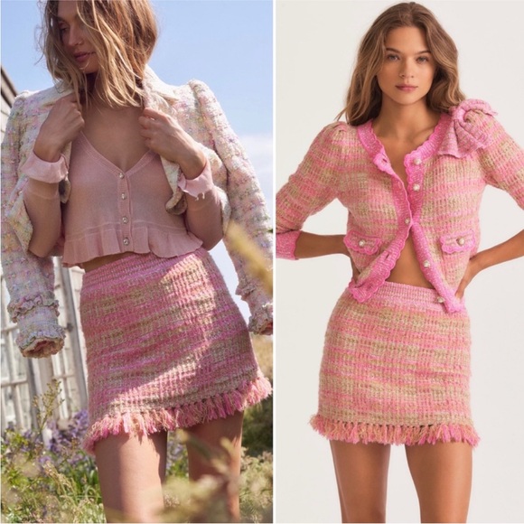 RARE 🎀 LoveShackFancy Crop Cardigan Jacket + Skirt Set in Barbie Pink - Picture 10 of 13